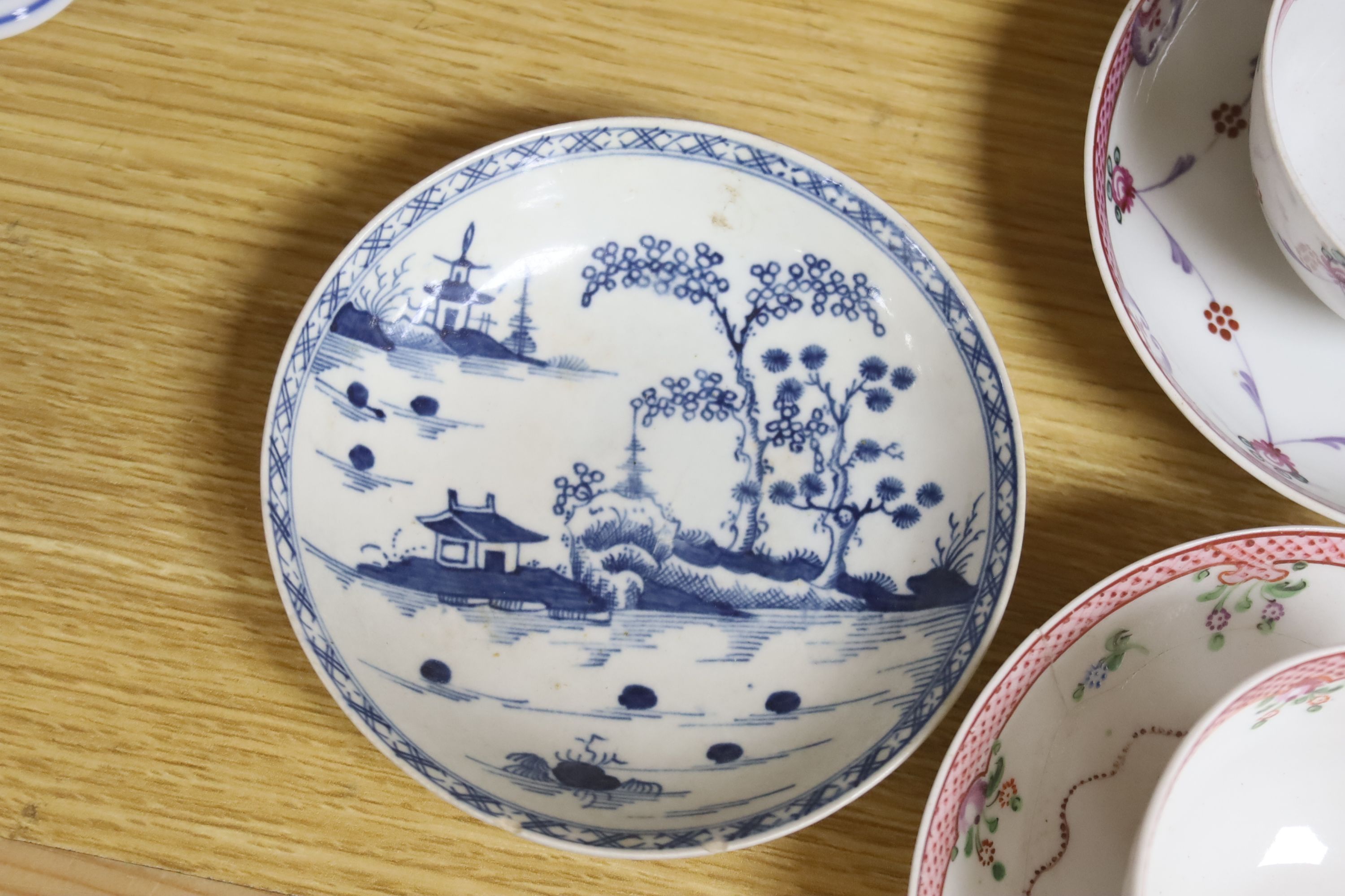 A Worcester blue and white saucer and 18th century porcelain tea wares